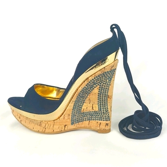 FRANCESCO SACCO Leather Swarovski Cork Wedge Platform Wrap Sandals EU37 - Picture 4 of 8